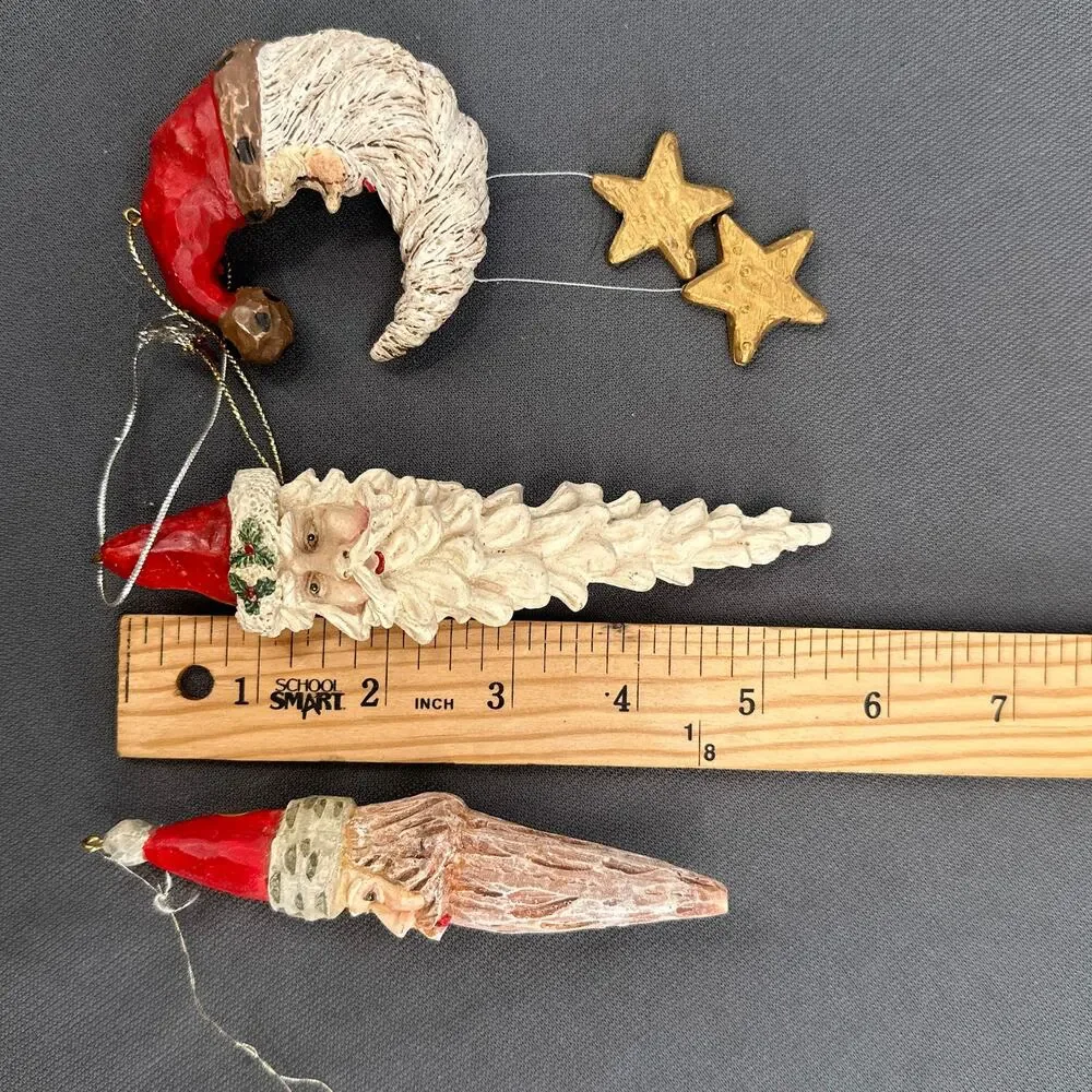 VTG Hand Painted Santa Face Ornament set 3 Red Hat Folk Art Moon Stars Resin 90s